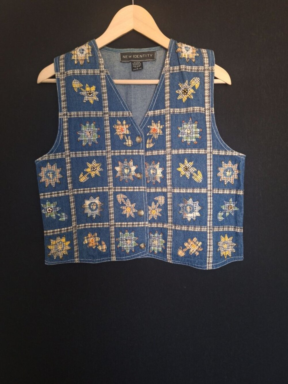 💙 Vintage New Identity Patchwork Embroidered Denim Vest Size L Y2K 90s